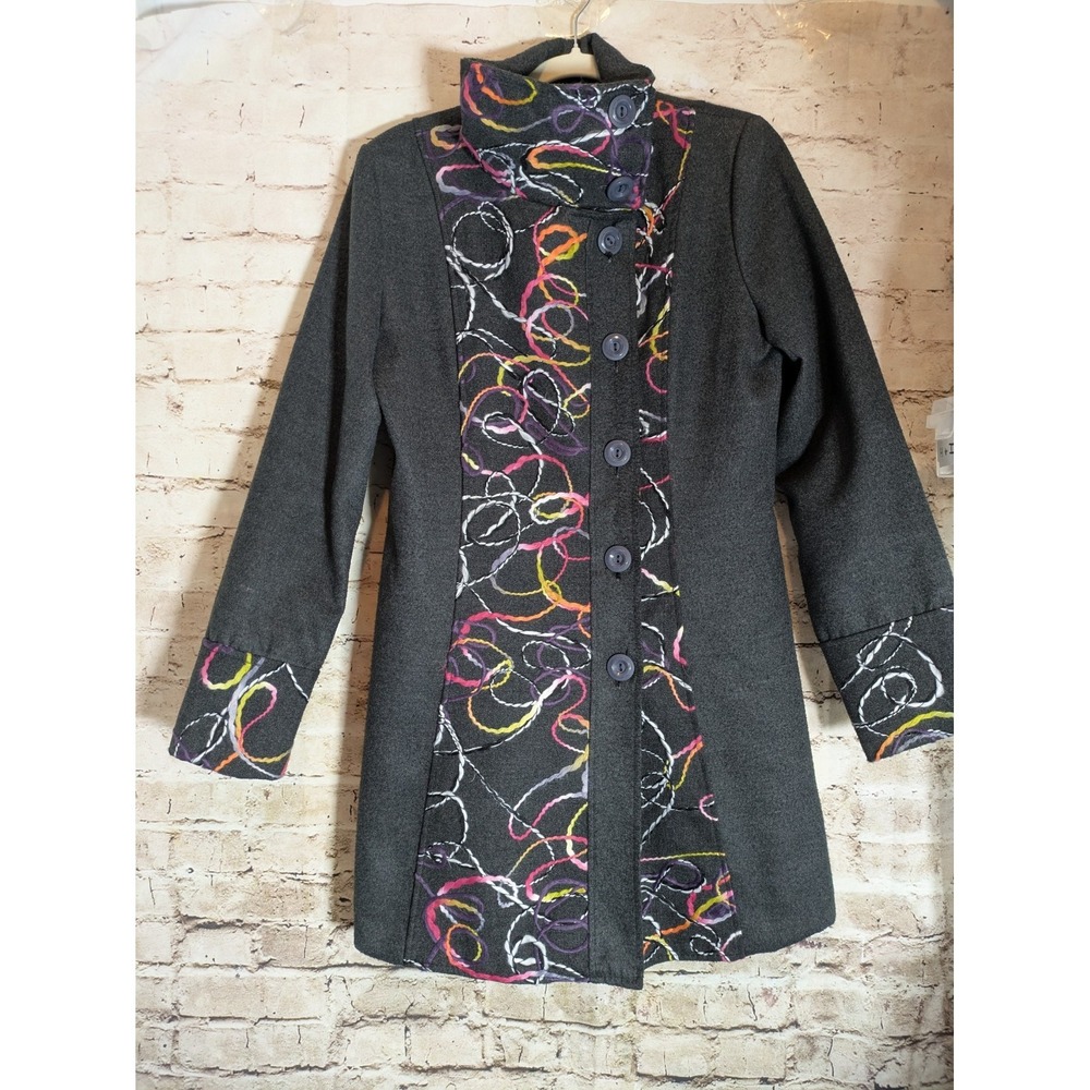 Made In Italy Wool Peacoat Large Artsy Yarn Embroidery Charcoal Grey Avant Garde